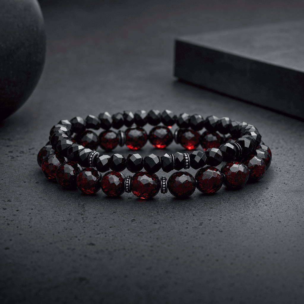 Love stack garnet and black tourmaline stones on desk