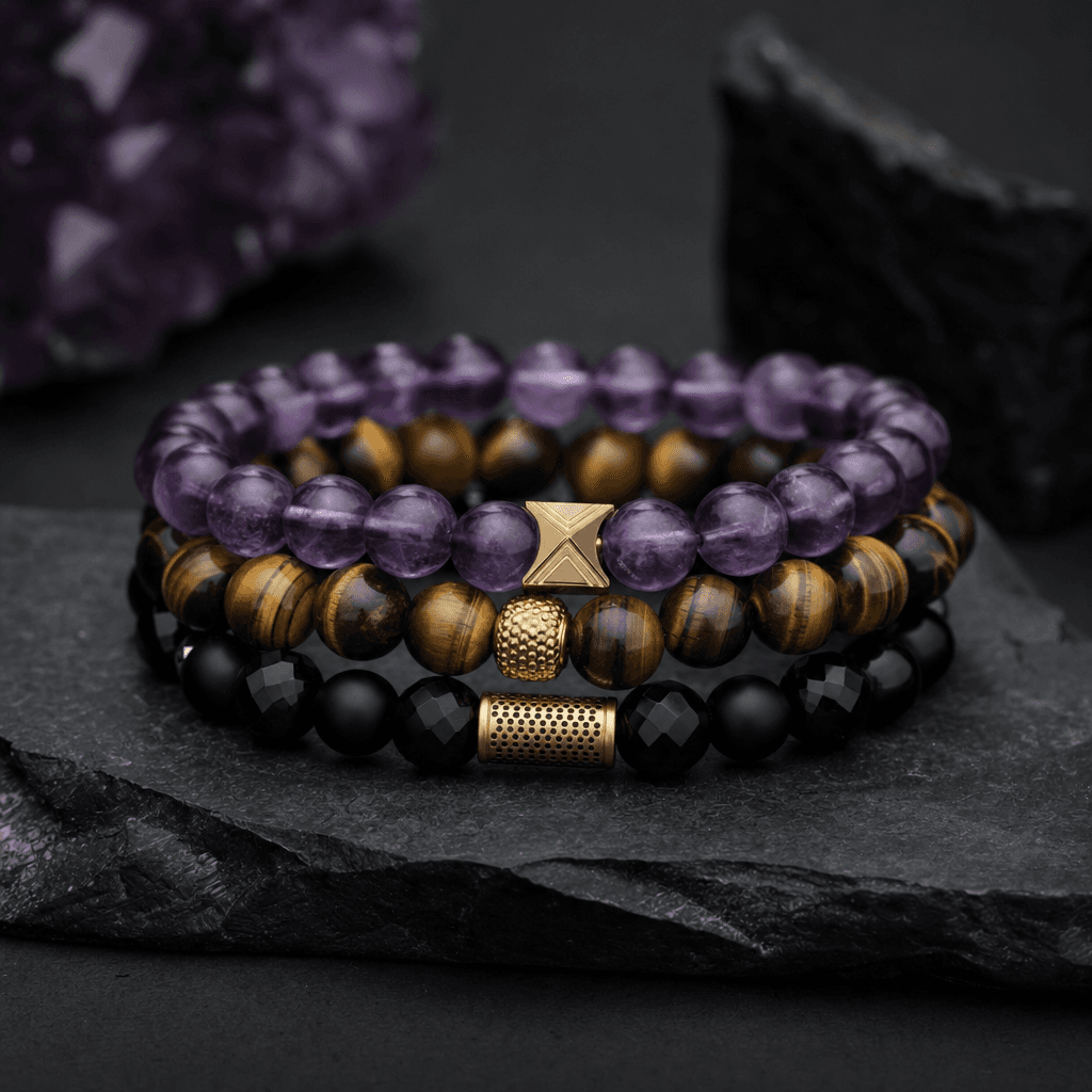 Holistic Wellness crystal stack with smoky quartz, carnelian and amethyst beads