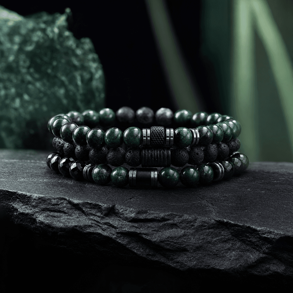 Health Stack bracelet with bloodstone and black tourmaline on dark slate