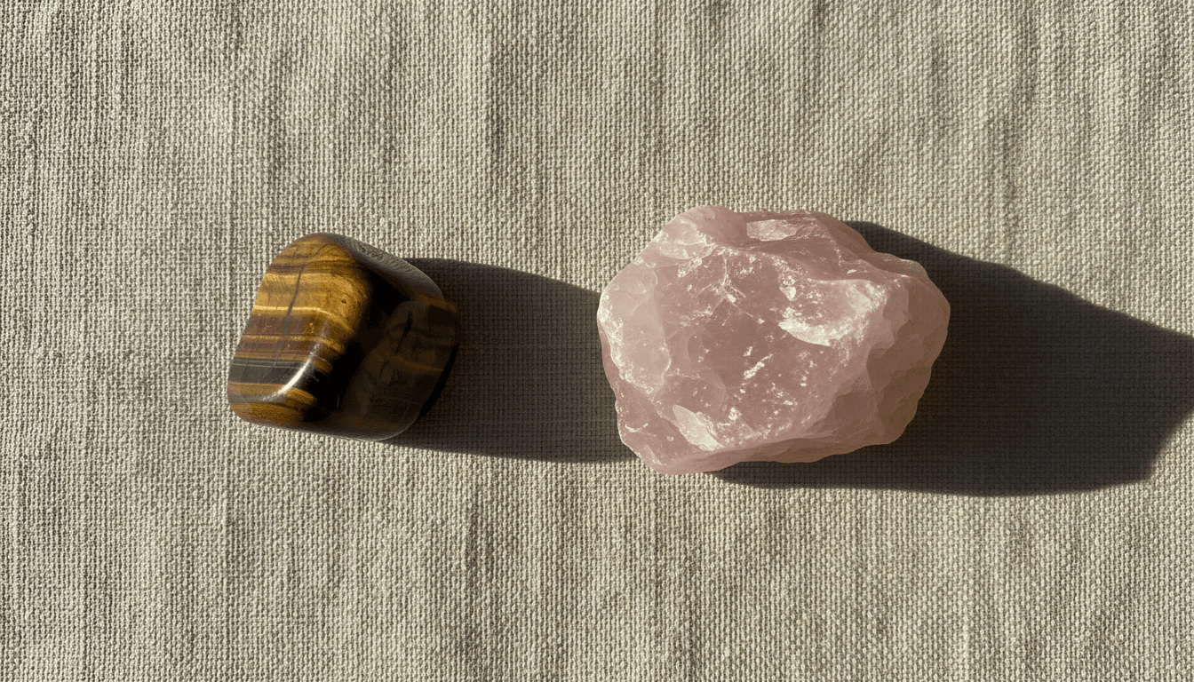 A tiger's eye crystal and a rose quartz crystal on a linen cloth in natural light