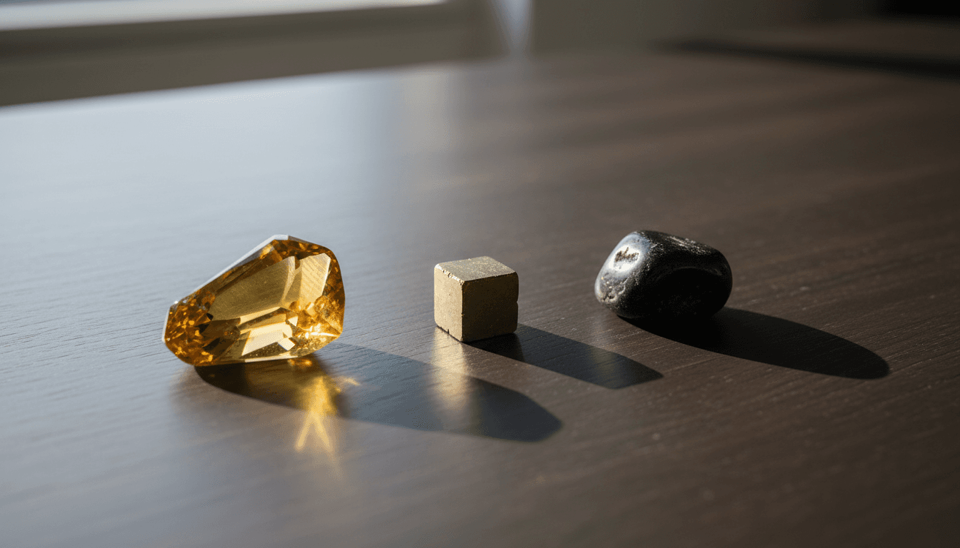 Wealth stack max stones including citrine, pyrite, and black tourmaline on a desk
