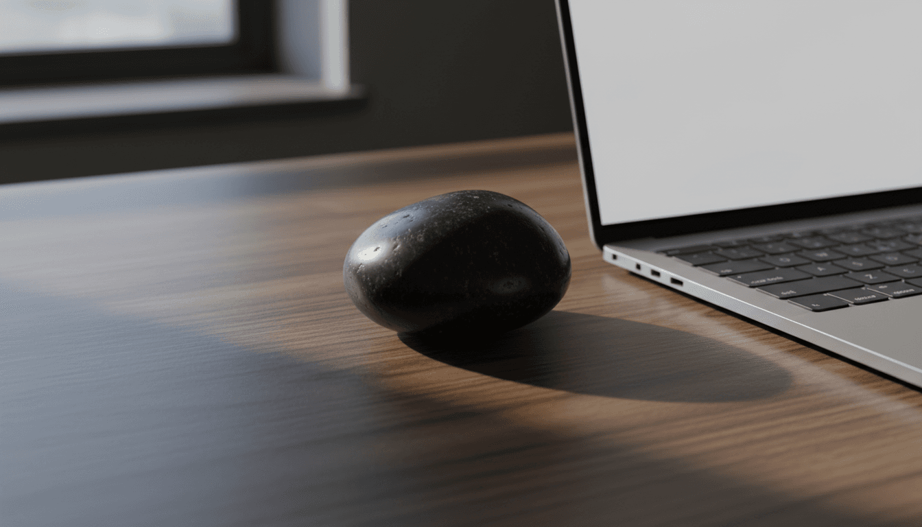 A single black crystal on a clean wooden desk beside a laptop