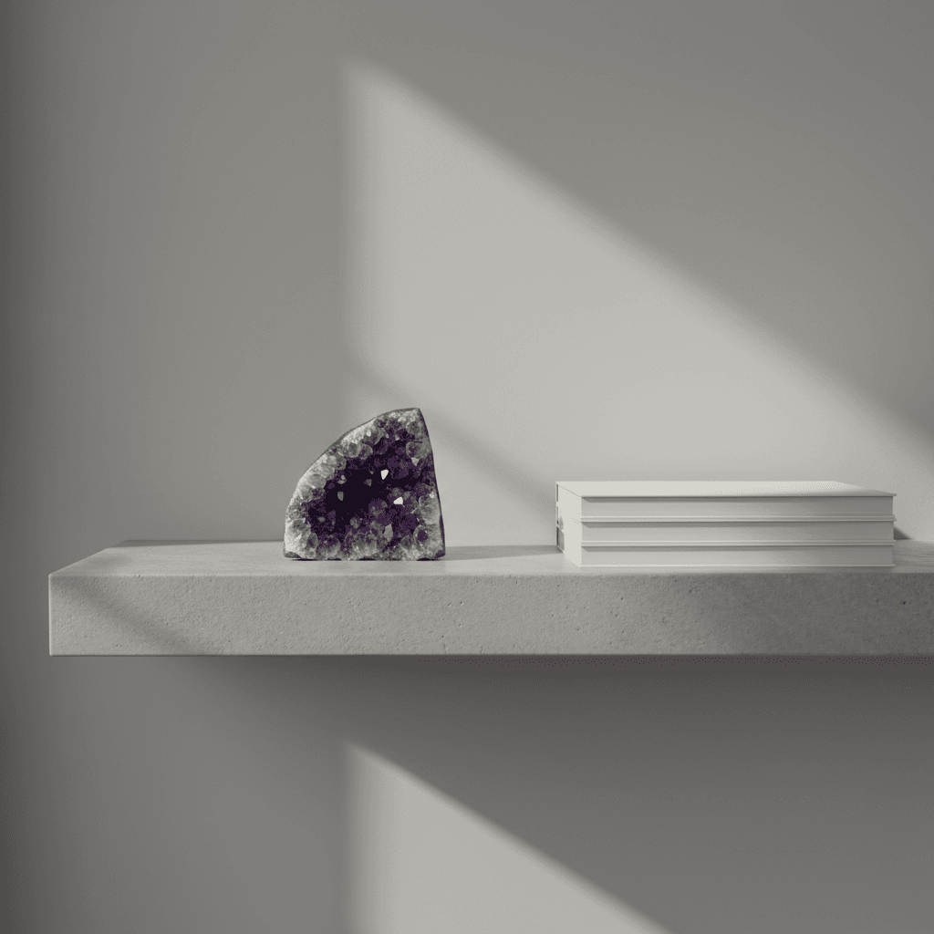 Amethyst geode on concrete shelf with books