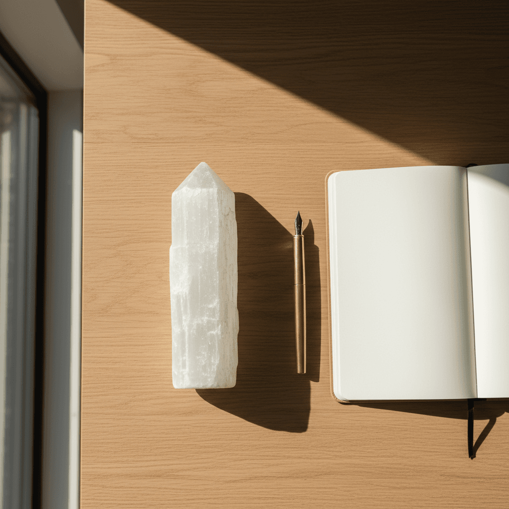 Selenite tower with notebook on oak desk