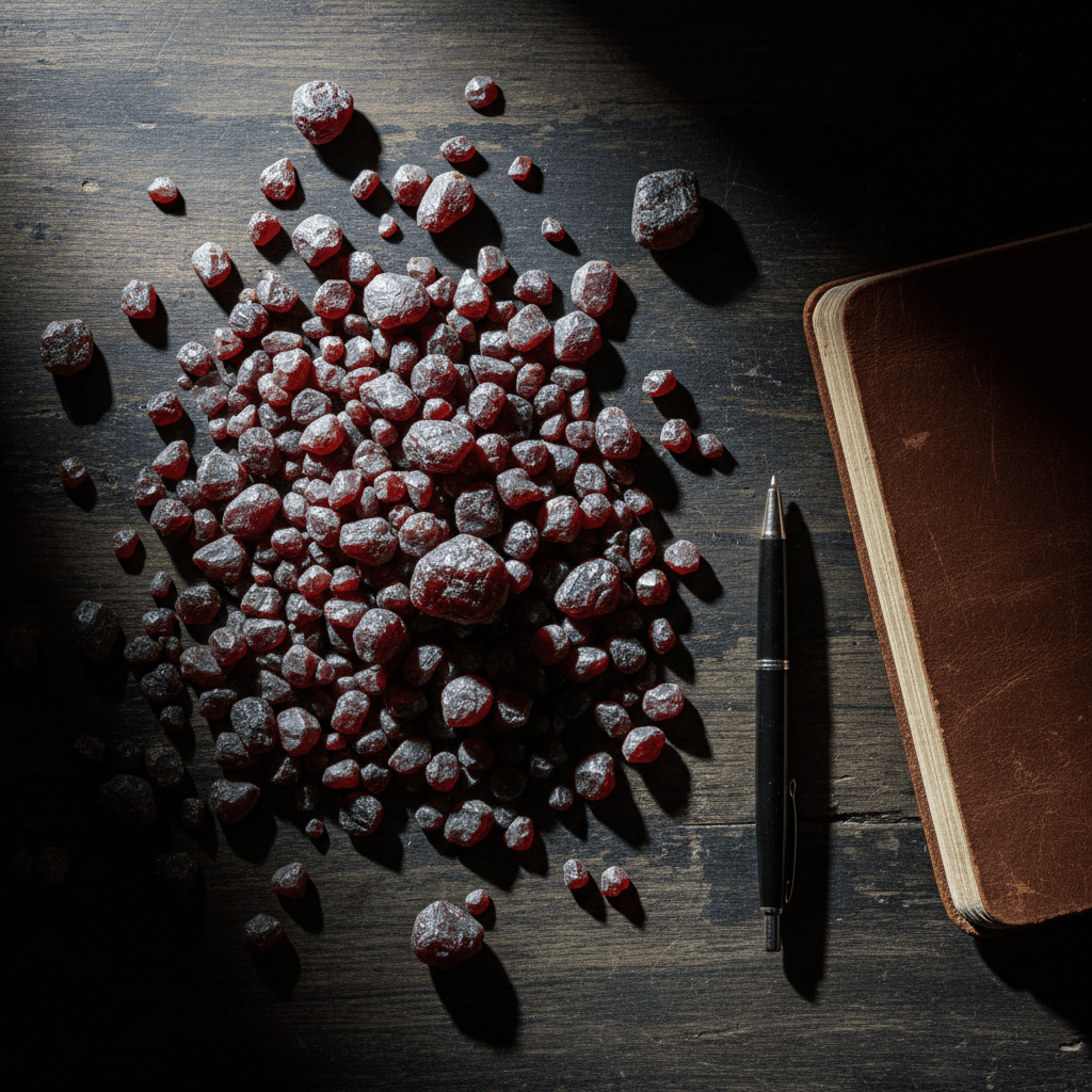 Raw Garnet crystals on a modern desk with warm lighting