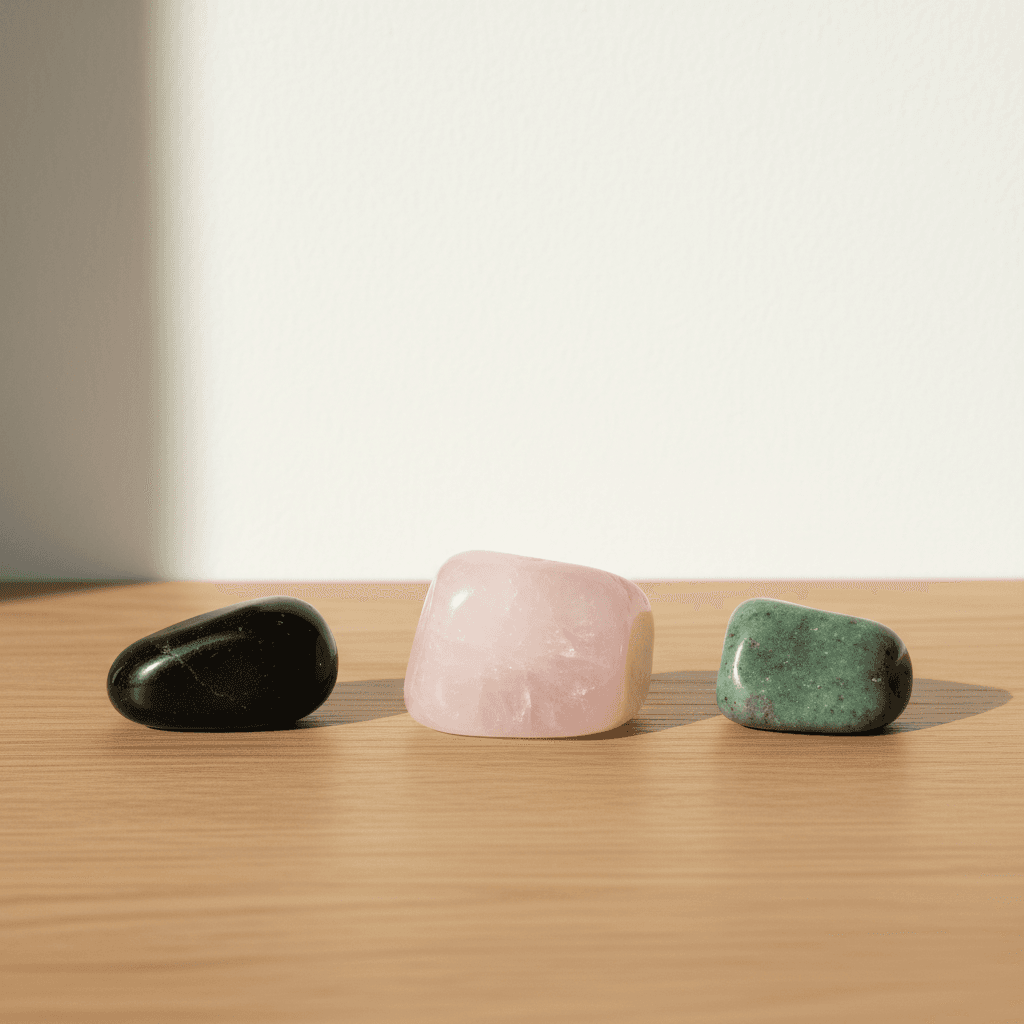 Tumbled stones arranged on light oak surface