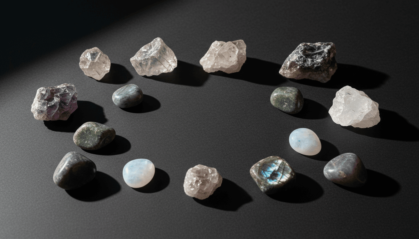 Raw and tumbled crystals arranged intentionally on a dark surface