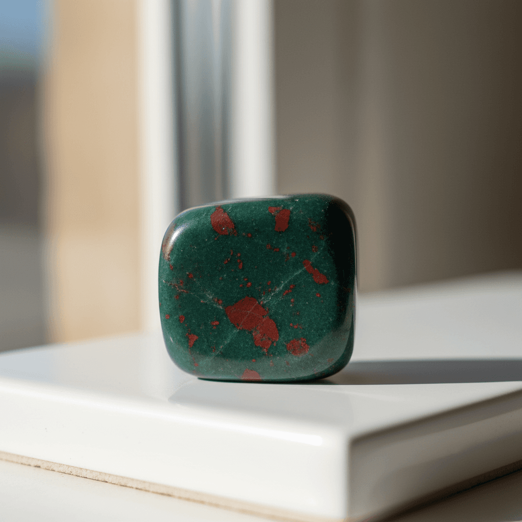 Bloodstone crystal with dark green color and red flecks on a neutral surface
