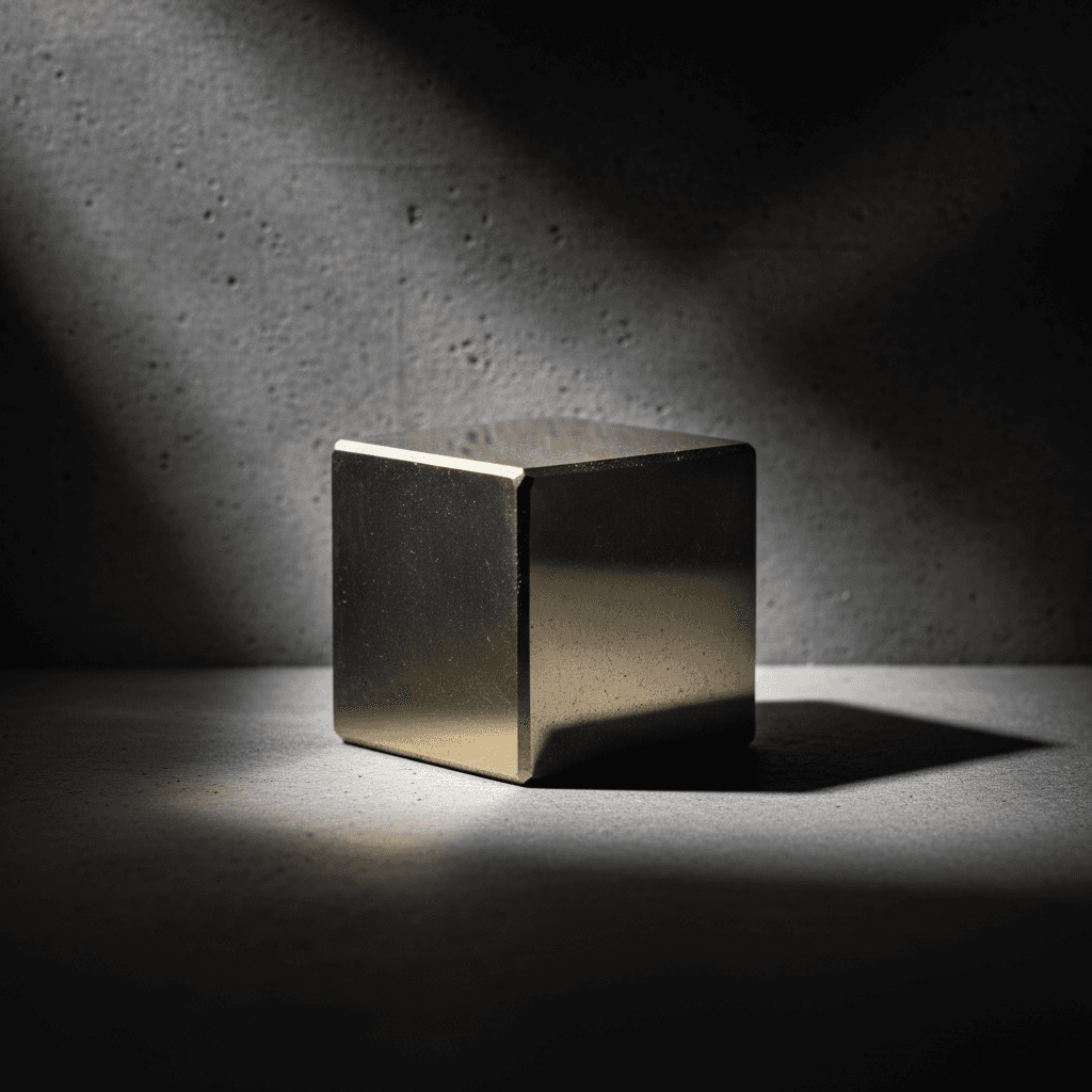Pyrite cube with metallic golden surface on dark background
