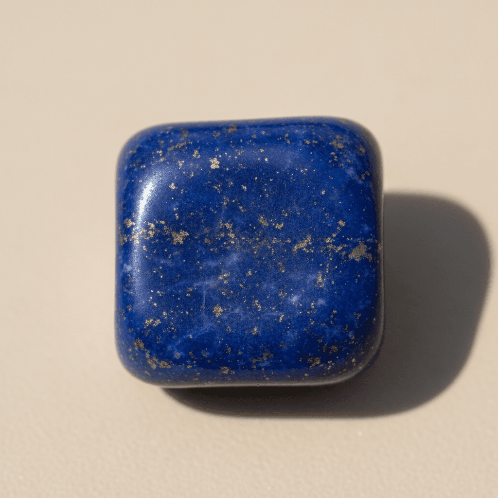 Lapis Lazuli stone with deep blue color and gold flecks on a neutral background
