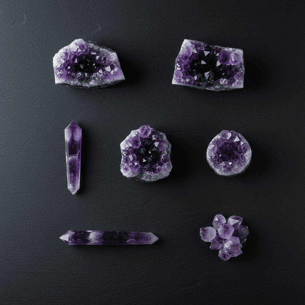 Raw amethyst geodes and polished crystal clusters on a black stone surface