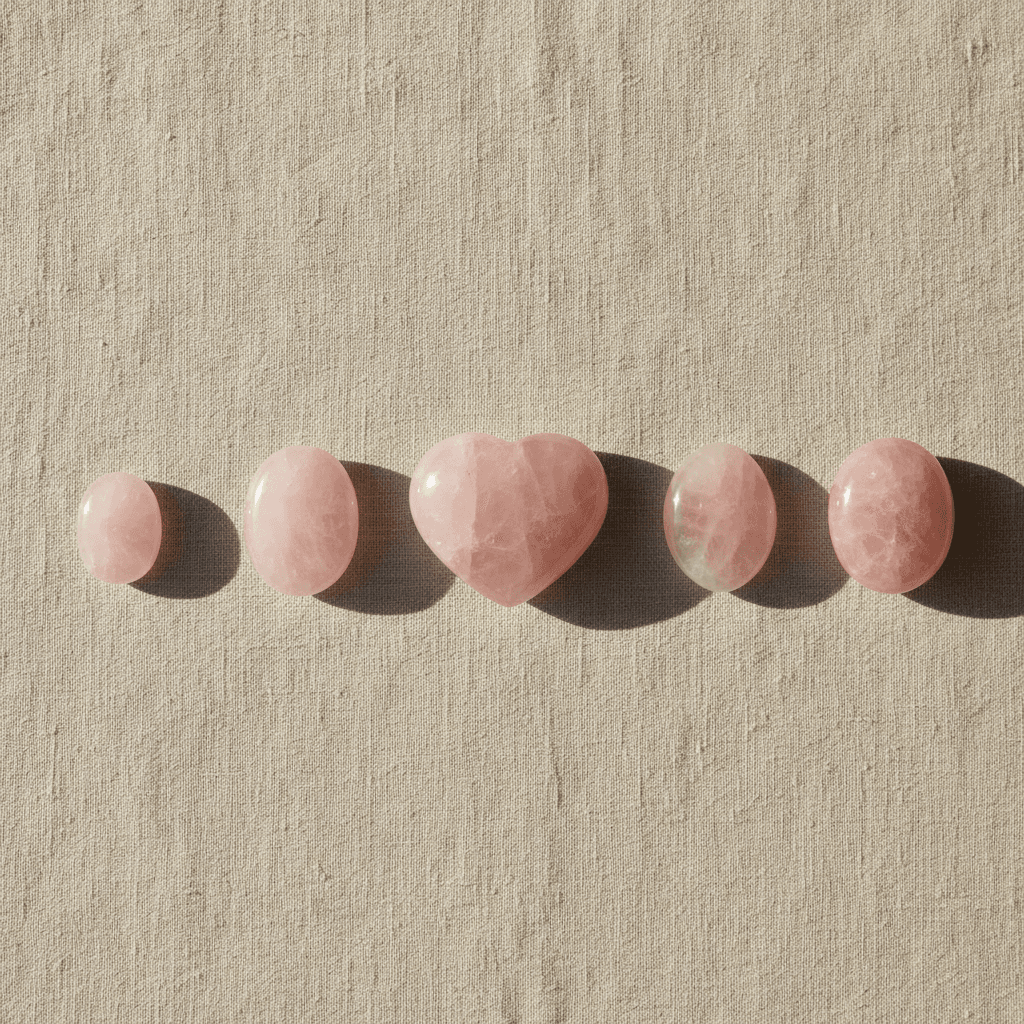 Five rose quartz palm stones in a row on linen cloth with soft light