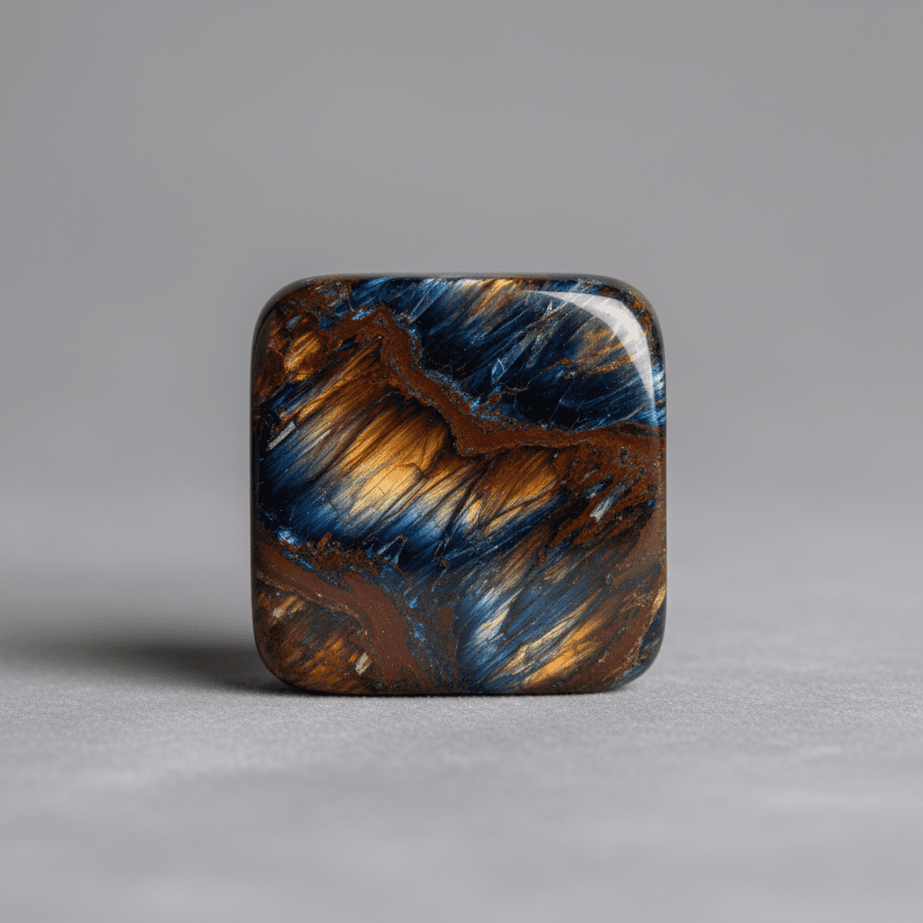 Pietersite crystal with swirling blue, gold, and red patterns on a neutral background