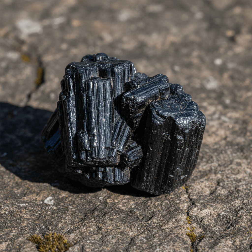 Black Tourmaline crystal cluster on dark surface