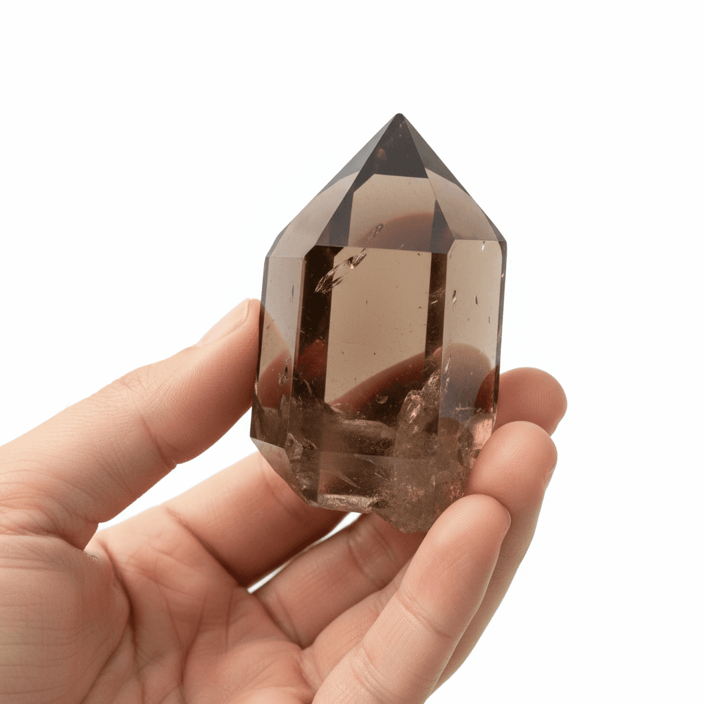 Smoky quartz crystal held in hand