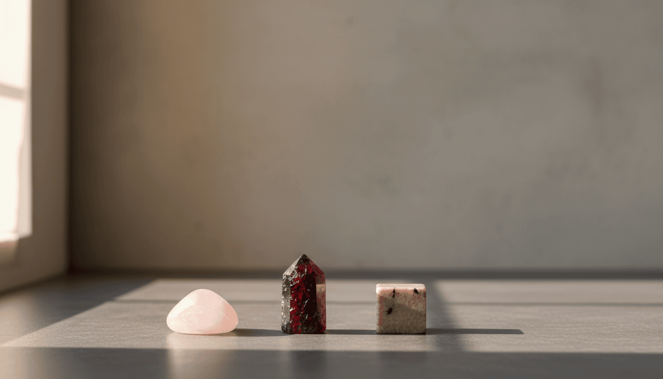 Three crystals arranged on a dark grey stone desktop including rose quartz, garnet, and rhodonite with soft natural lighting and concrete wall background