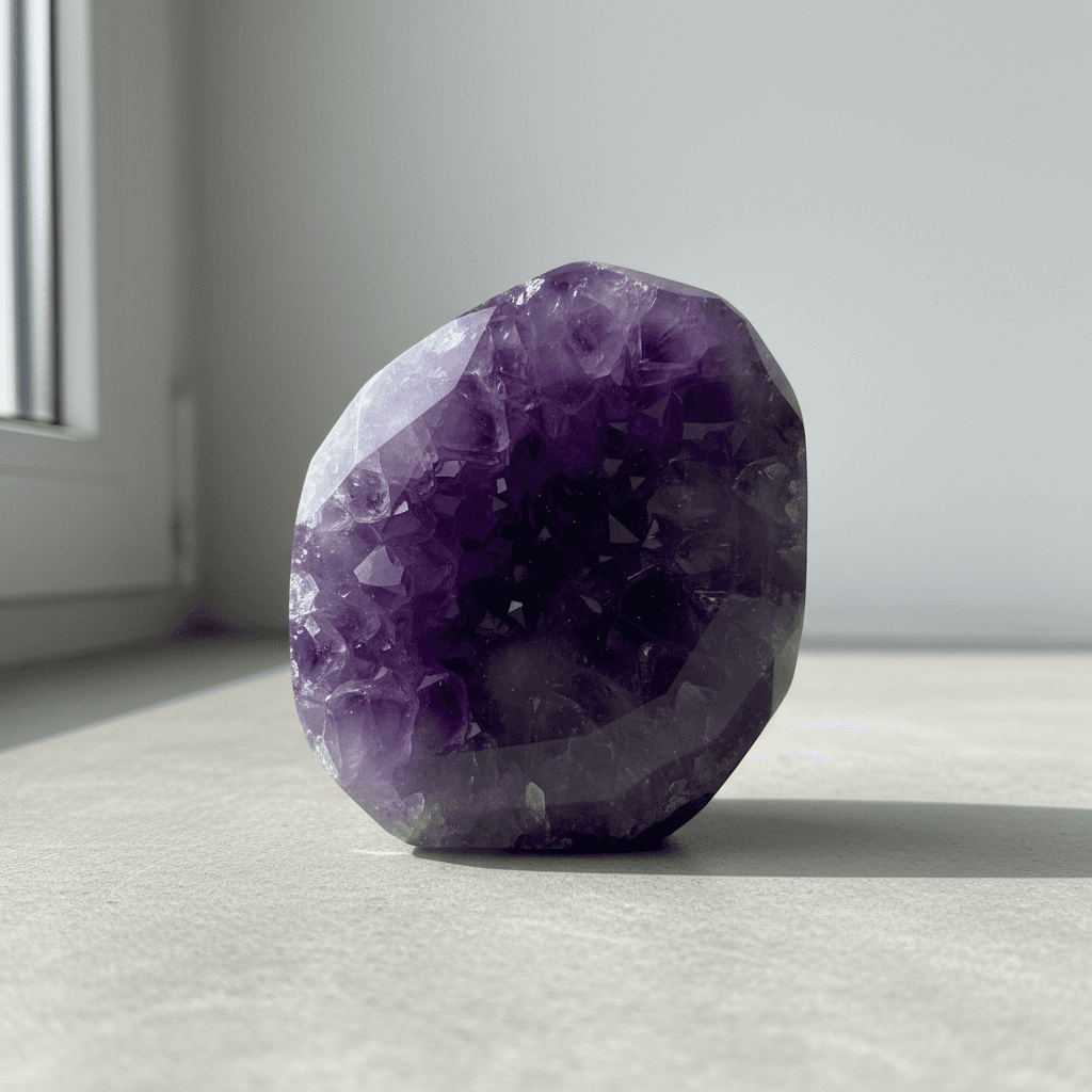 Polished amethyst stone with deep purple tones on a minimalist surface.