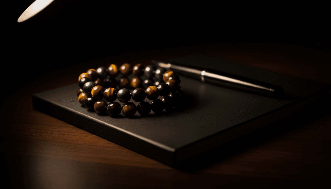 Project Alpha crystal stack with tiger's eye, hematite and obsidian on desk