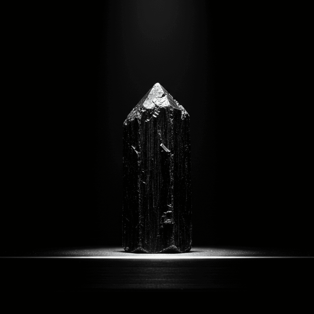 Black tourmaline tower on a steel shelf with dramatic side light