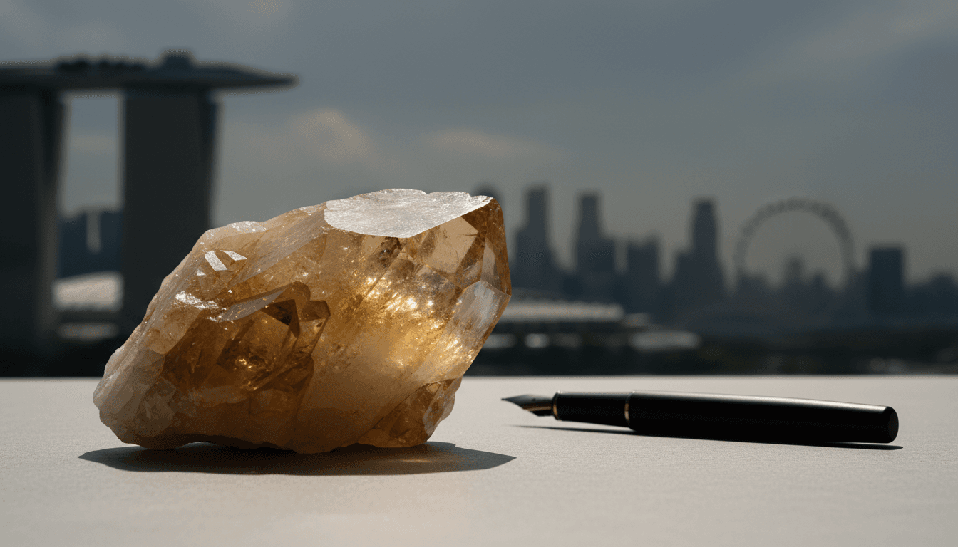 Citrine crystal cluster on a modern desk with a fountain pen, soft natural lighting