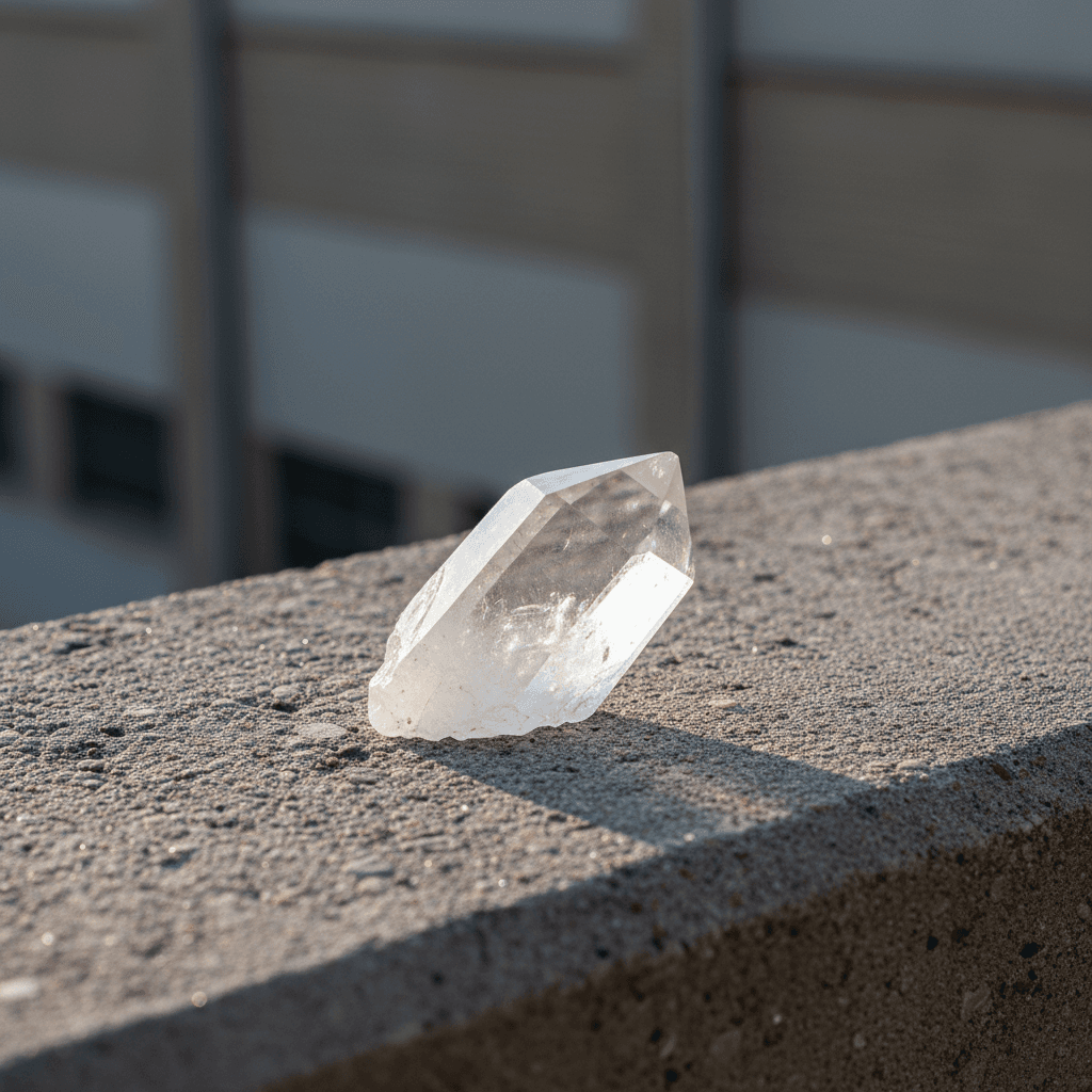 Single clear quartz point on a concrete ledge with afternoon light shadow
