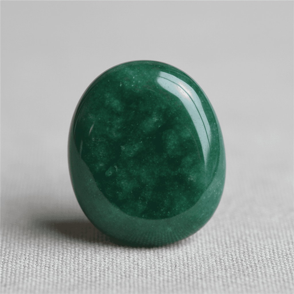 Emerald green polished jadeite with a reflective surface, centered on a soft-focus background