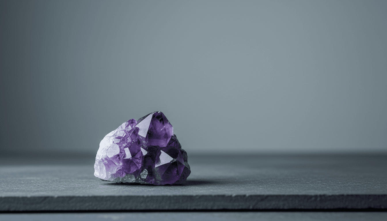 Single raw amethyst geode on a dark stone surface, studio lighting