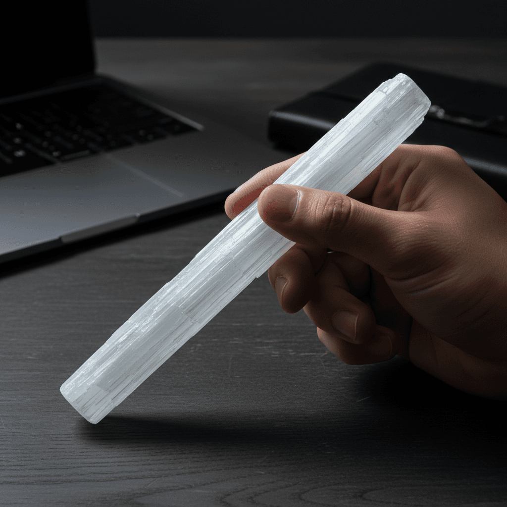 Selenite wand held by a man's hand across a wooden desk with laptop