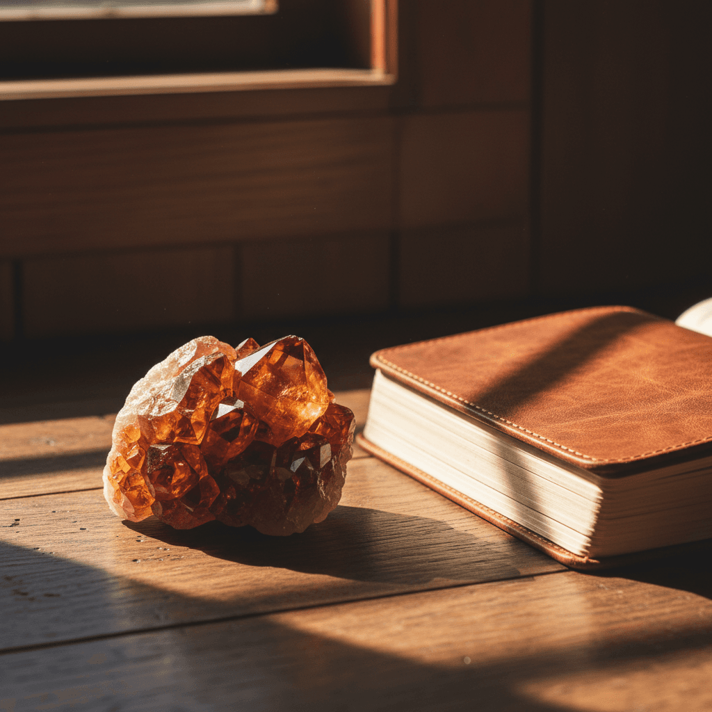 Citrine crystal cluster on a modern desk with warm golden tones