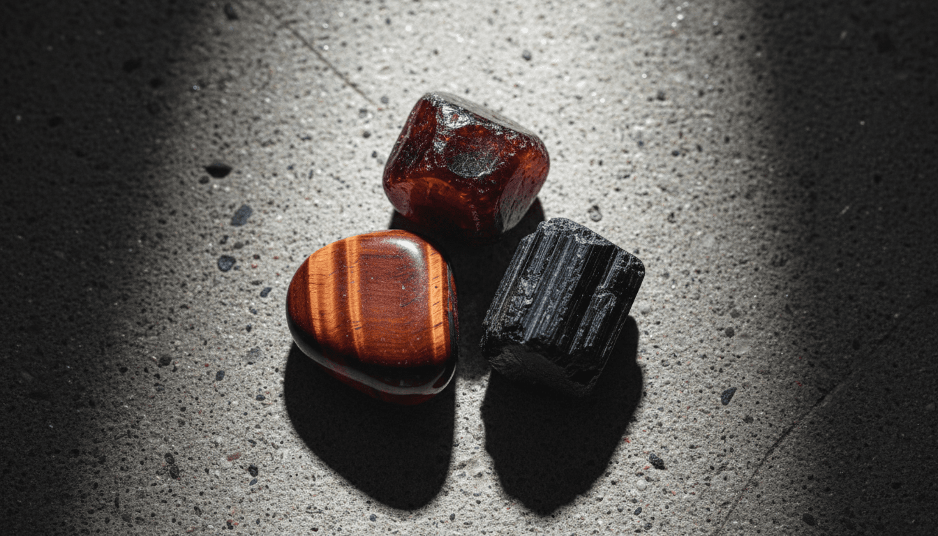 Love stack max garnet red tiger's eye black tourmaline stones on concrete