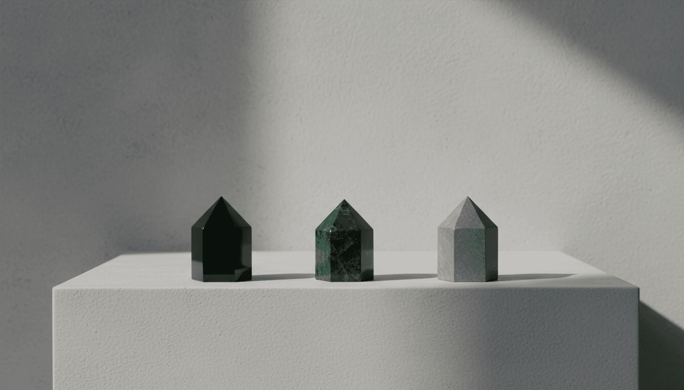Row of polished black, green, and grey crystals on concrete surface