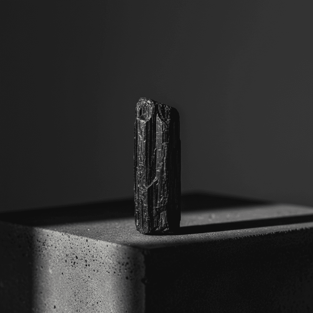Black tourmaline crystal standing on concrete