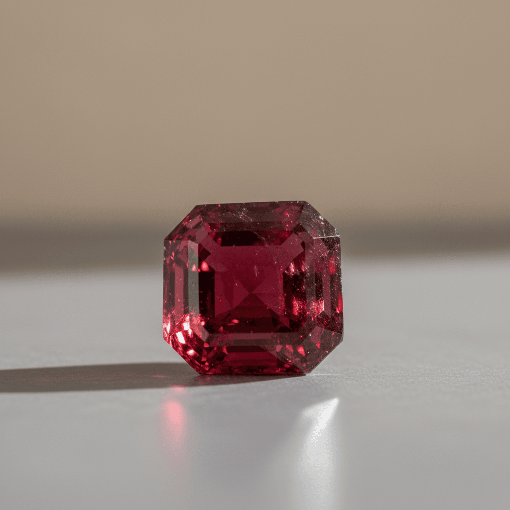 Polished Garnet crystal with deep red hues on a neutral surface, elegantly lit.