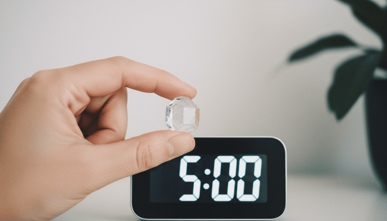A hand holding a clear quartz crystal next to a timer set to five minutes