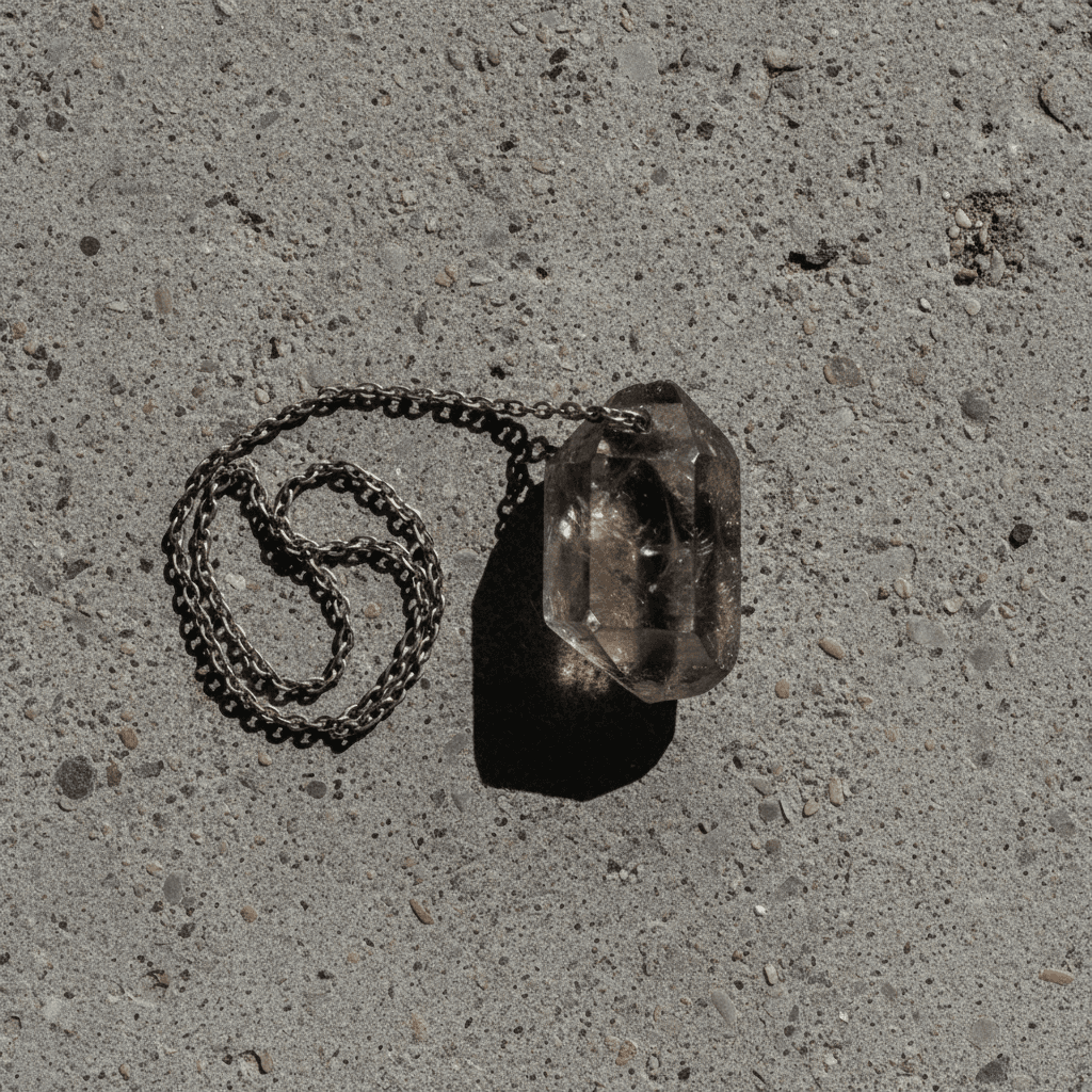 Smoky quartz pendant with coiled chain on concrete floor
