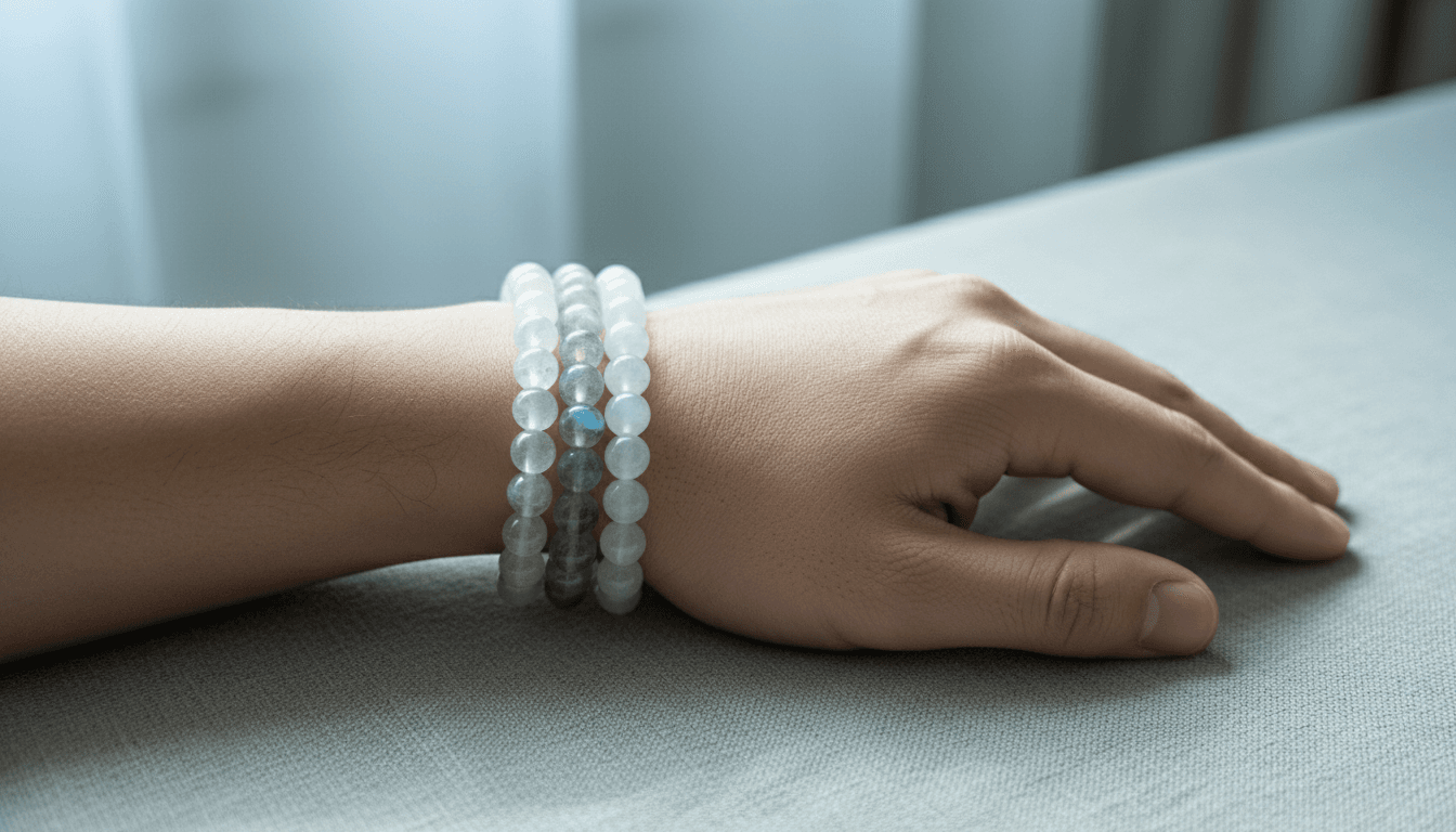 Ascension crystal stack on wrist with clear quartz, labradorite and moonstone beads