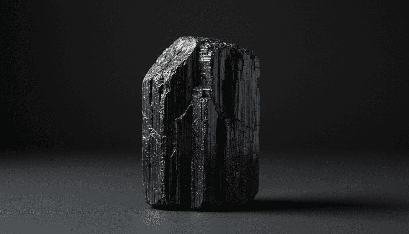 Black Tourmaline crystal cluster on dark surface