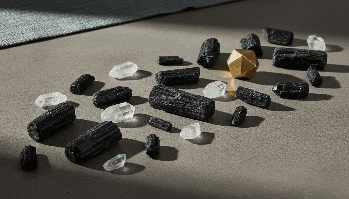 Raw black tourmaline and clear quartz crystals on a concrete surface