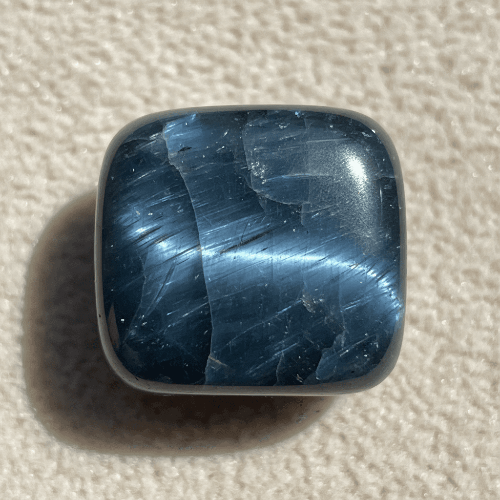 Hawk's Eye crystal with blue-grey shimmer highlighting intricate patterns.