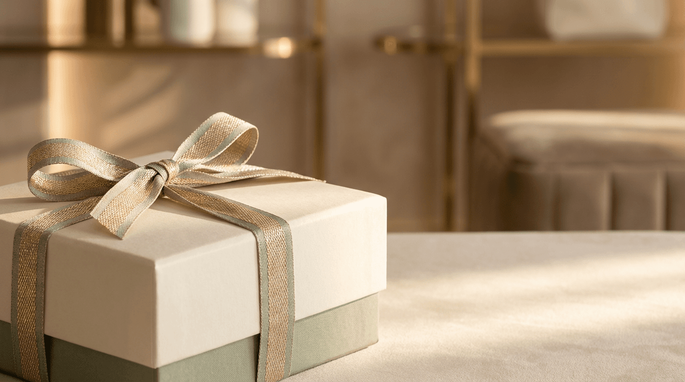 Three dark gift boxes tied with cord on slate