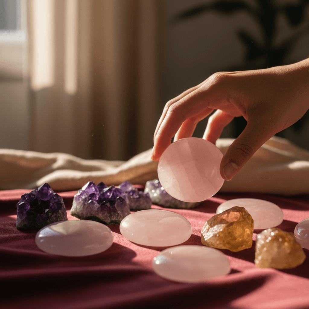 Tumbled amethyst pieces in a black ceramic dish