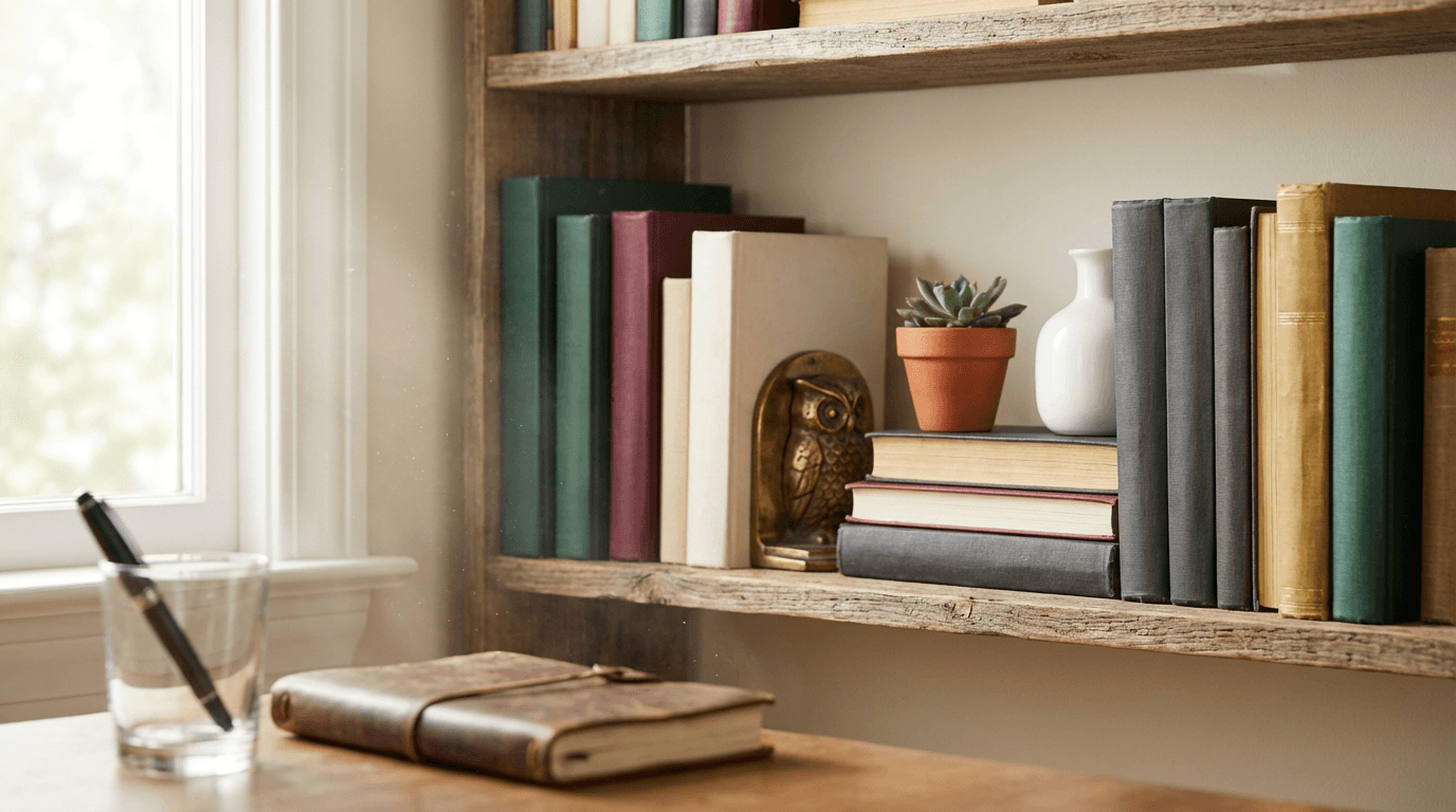 Selenite wand in metal stand on a bookshelf