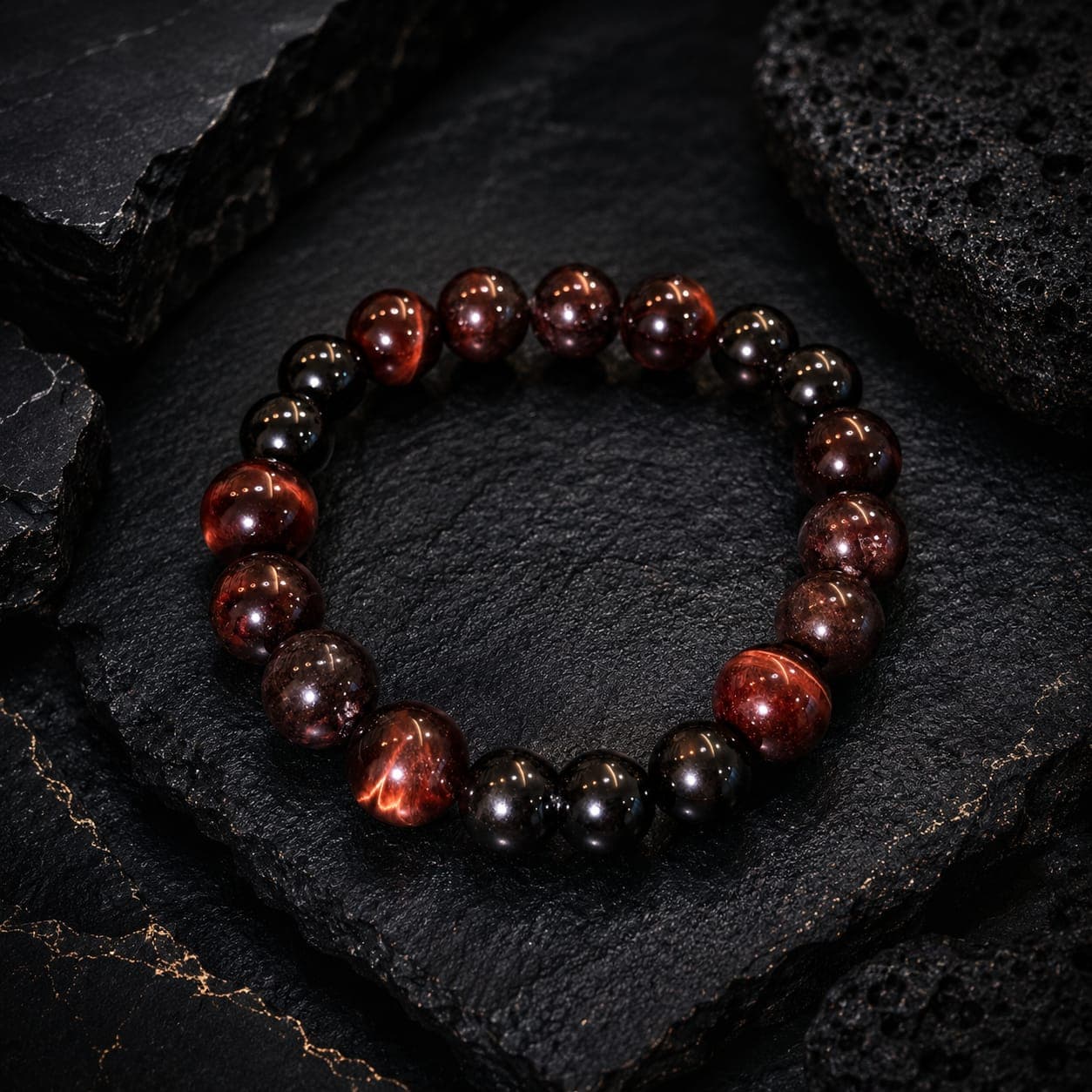 Polished red tiger's eye and black bead bracelet resting on dark, textured rock.
