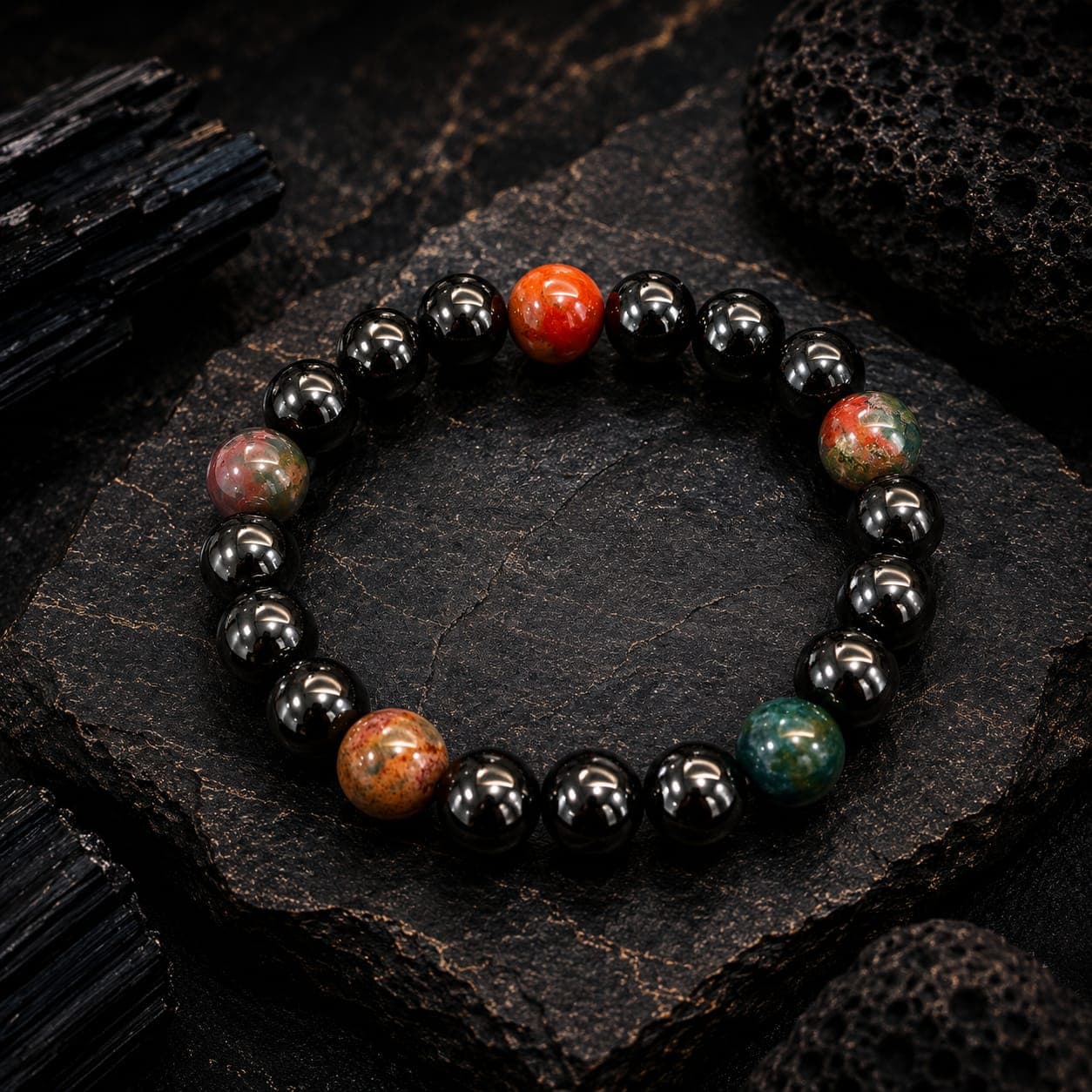 Beaded bracelet featuring glossy black and colorful stones on a dark, textured volcanic rock.