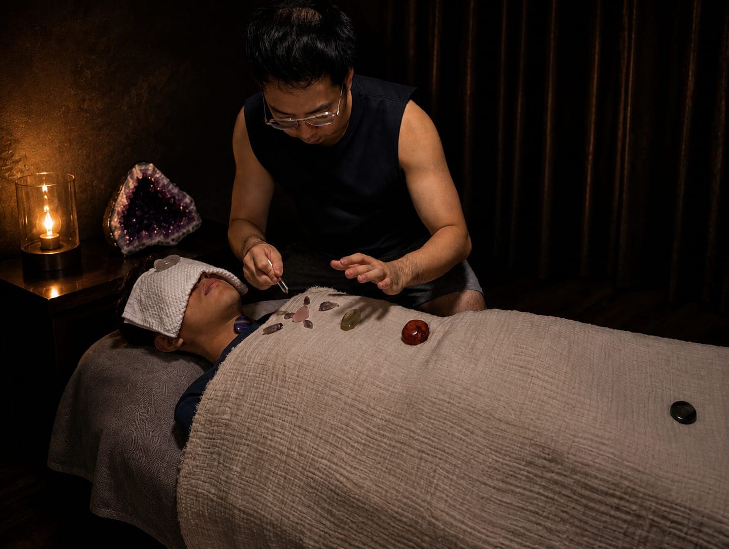 Practitioner performing crystal healing on a person lying on a massage table in low light.